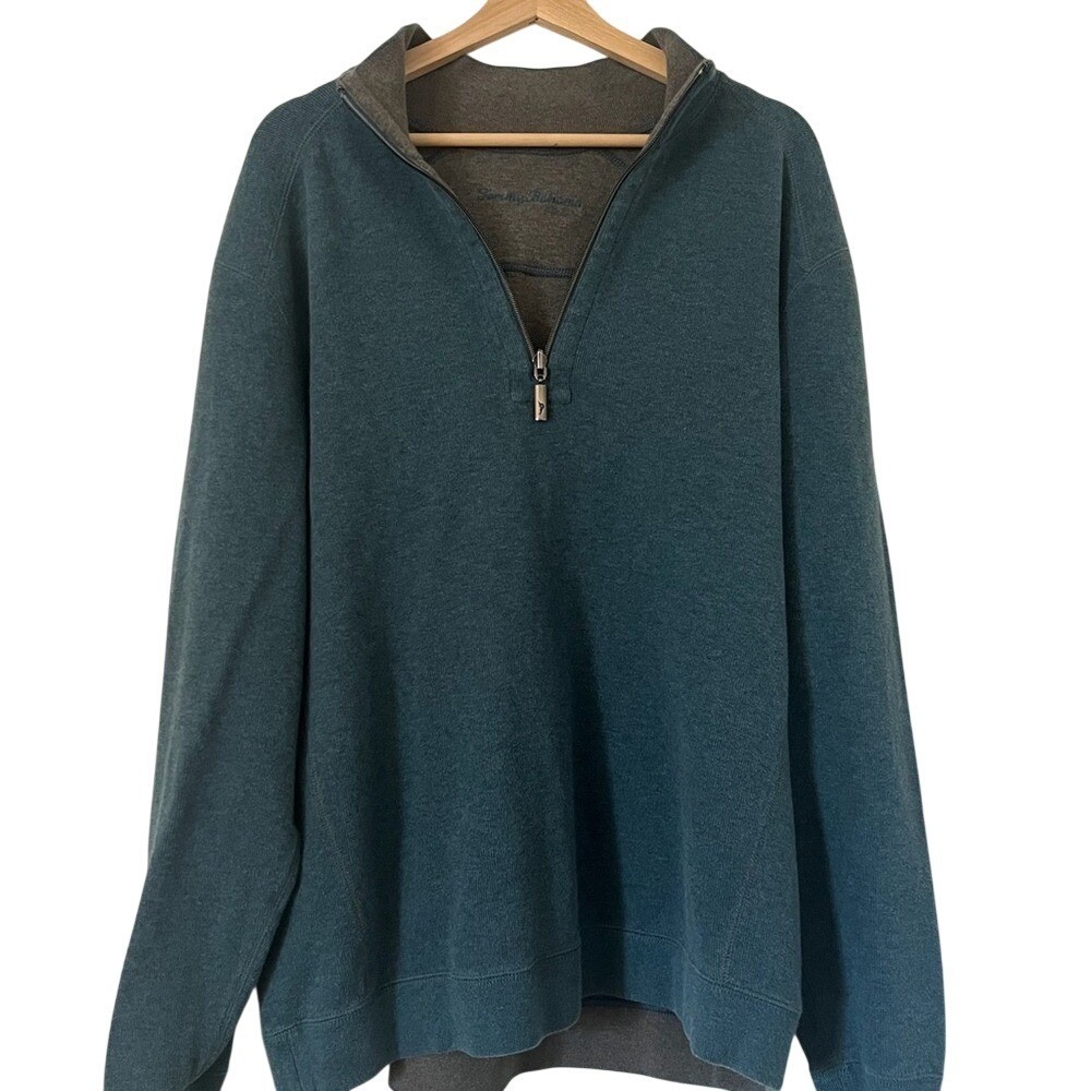Tommy Bahama Mens Reversible Quarter Zip‎ Pullover Sweatshirt Teal Grey XL